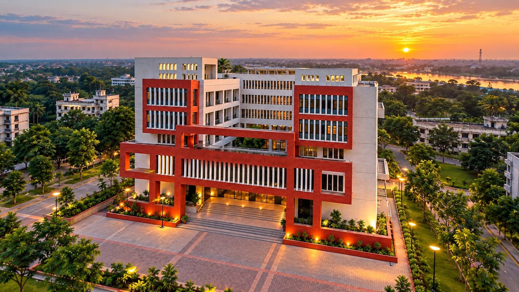 Modern red and white multi-storey building glowing under a sunset sky