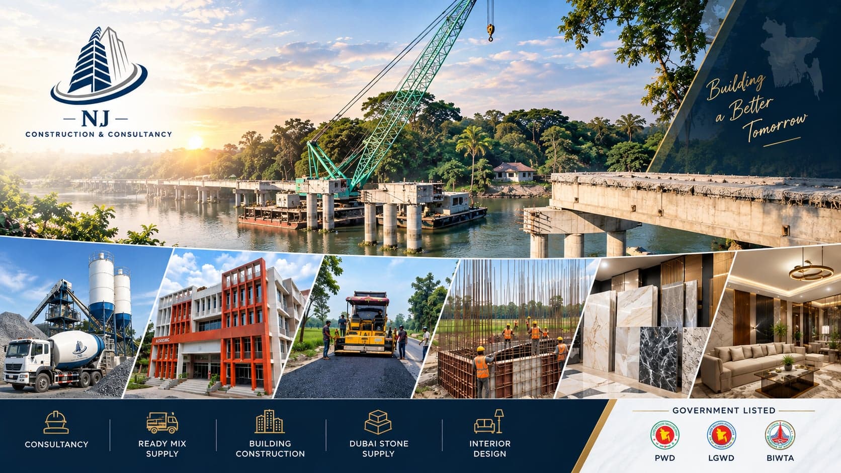 NJ Construction & Consultancy at work — bridge construction, ready-mix supply, building construction, road works, stone supply and interior design