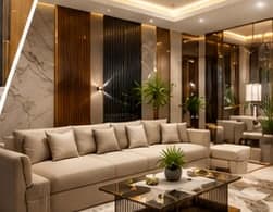 Refined interior living space with warm lighting