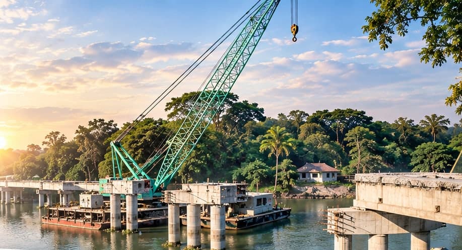 Bridge construction over a river — crane placing girders at sunset