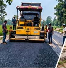 Road paver laying asphalt with the site crew alongside
