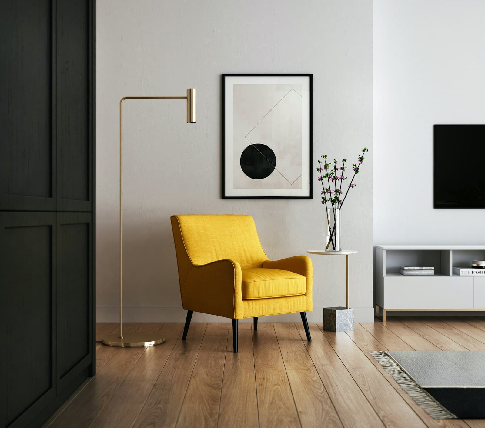 Warmly lit living room interior with wood detailing