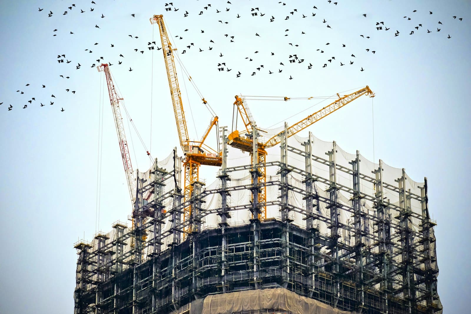 Cranes over a reinforced concrete structure under construction